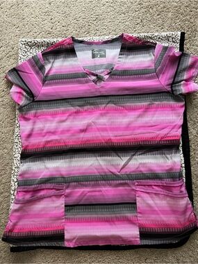 Butter Pink Black Gray Striped V-Neck scrub Top